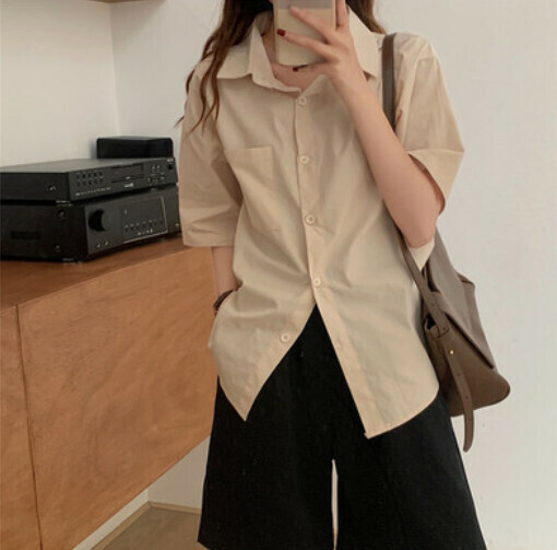 Lapel short-sleeved shirt (apricot S-L contact customer service to confirm the shipping size after placing an order)