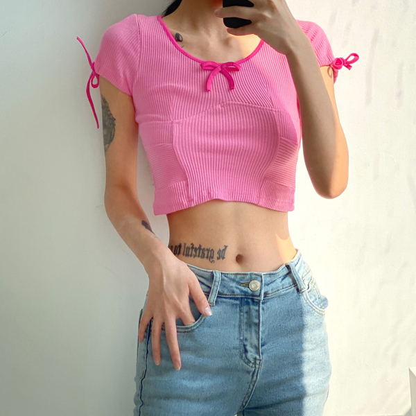 Hot selling bow drawstring short-sleeved T-shirt (pink) (S/M size) (contact customer service after placing order to confirm delivery size)