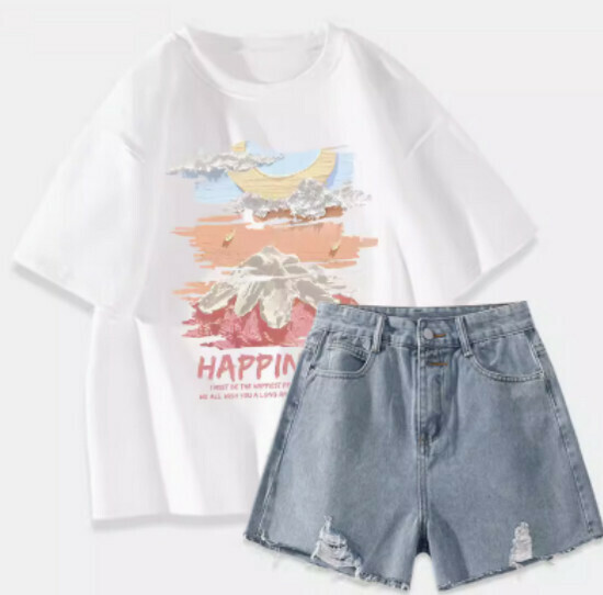 Hot selling t-shirt + denim shorts [white (big oil painting dreamland) + retro blue pants] [S-2XL size] (please contact customer service to confirm the delivery size after placing the order)