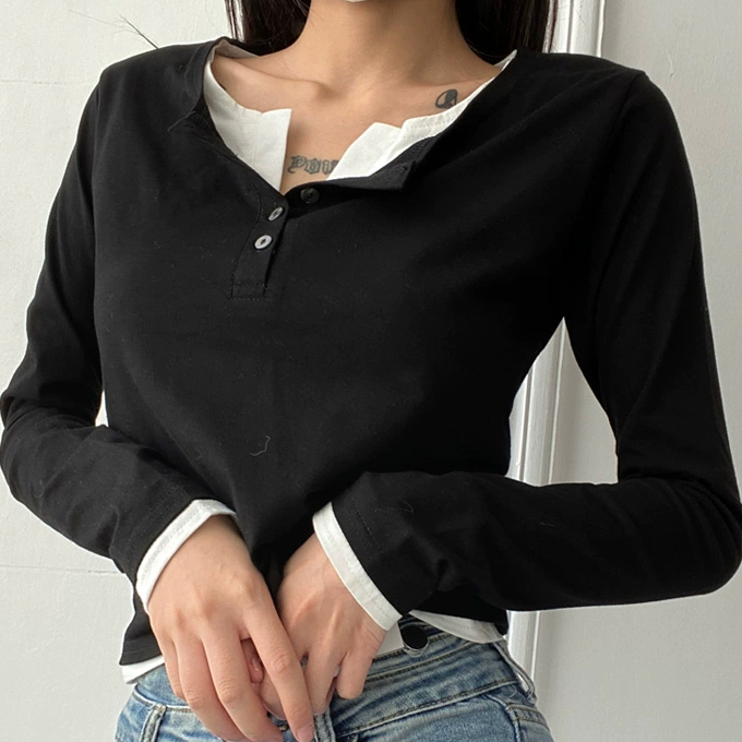 Hot selling fake two-piece double collar long-sleeved T-shirt (black) (S/M size) (contact customer service after placing the order to confirm the delivery size)