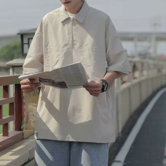 Half-zippered lapel T-shirt men's summer (khaki [size M_2XL] (contact customer service to confirm the shipping size after placing an order)