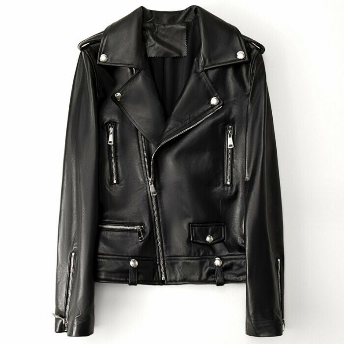 Hot selling sheepskin short motorcycle jacket (size S-L) (black) (contact customer service after placing the order to confirm the delivery size)