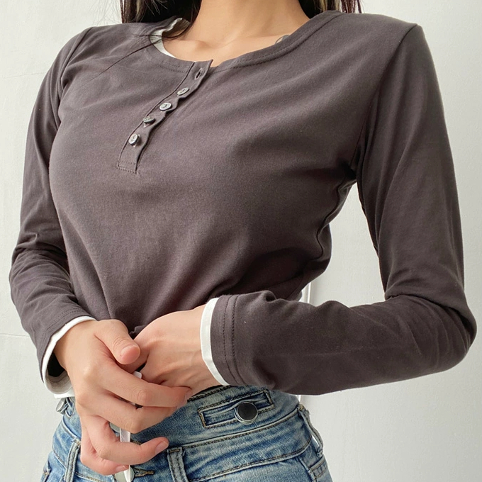 Hot selling fake two-piece double collar long-sleeved T-shirt (charcoal gray) (S/M size) (contact customer service after placing the order to confirm the delivery size)