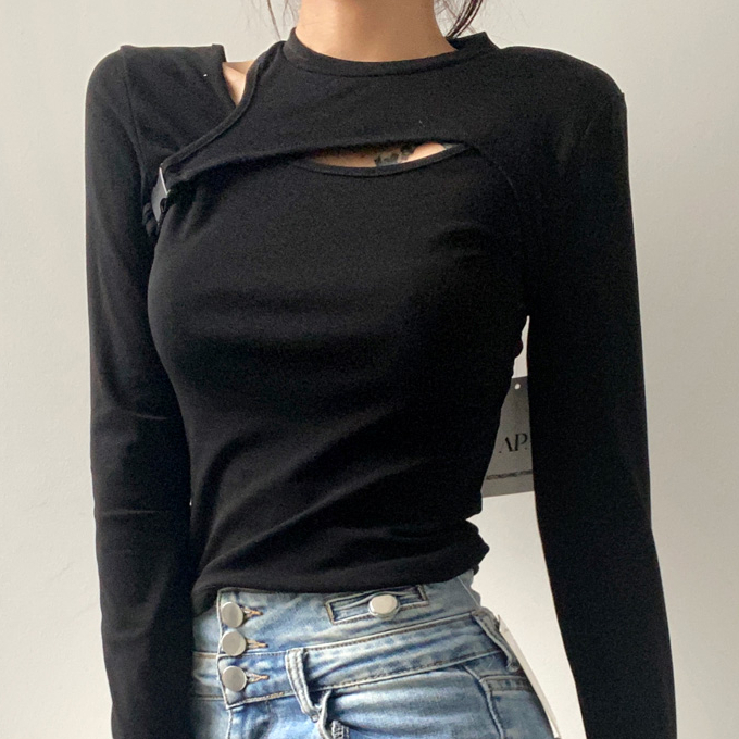 Hot-selling snap-stitched asymmetric suspender long-sleeved T-shirt two-piece set (black) (S/M size) (contact customer service after placing the order to confirm the delivery size)