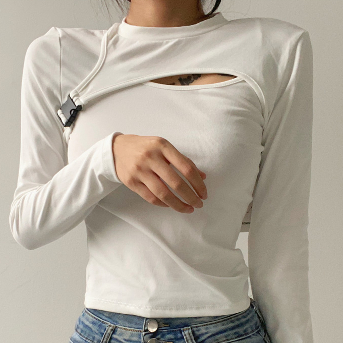 Hot-selling snap-stitched asymmetric suspender long-sleeved T-shirt two-piece set (white) (S/M size) (contact customer service after placing the order to confirm the delivery size)