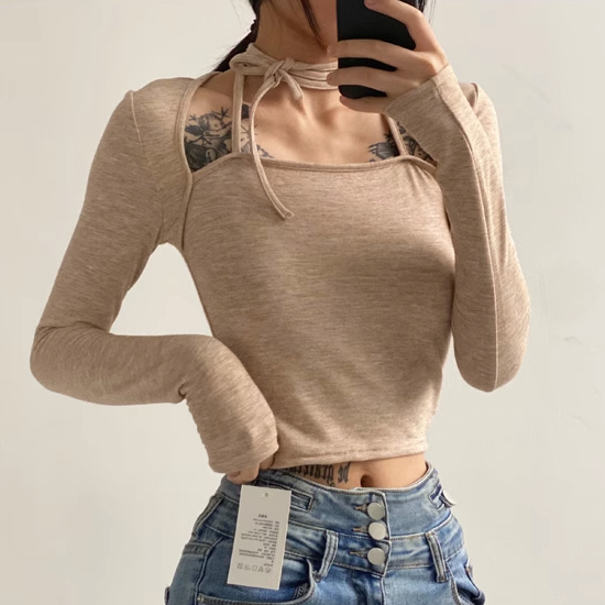 Hot selling halterneck long-sleeved short T-shirt (apricot color) (S/M size) (contact customer service after placing the order to confirm the delivery size)