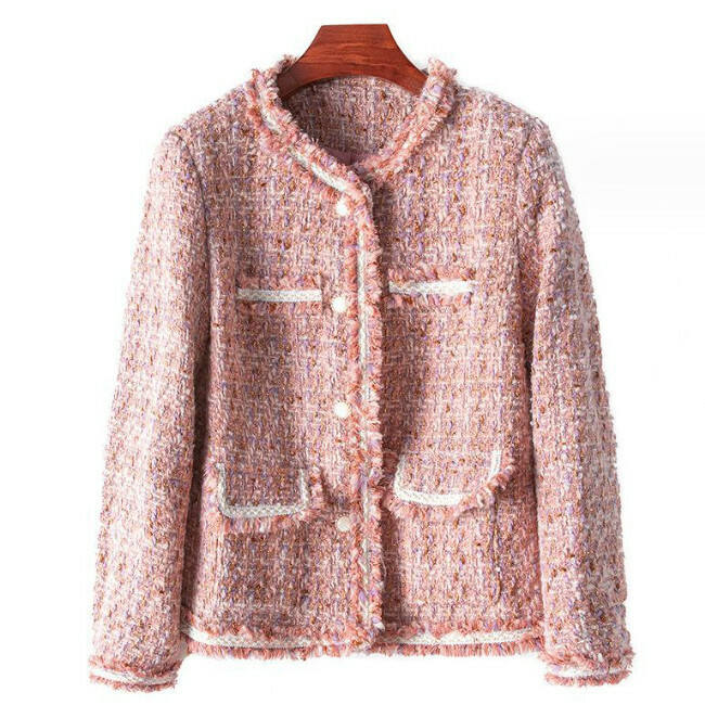 Hot selling short round neck wool blend jacket (M-XL size) (pink) (contact customer service after placing the order to confirm the delivery size)