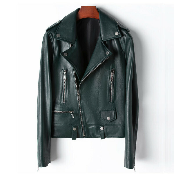Hot selling sheepskin short motorcycle jacket (S/M size) (dark green 01) (contact customer service after placing the order to confirm the delivery size)
