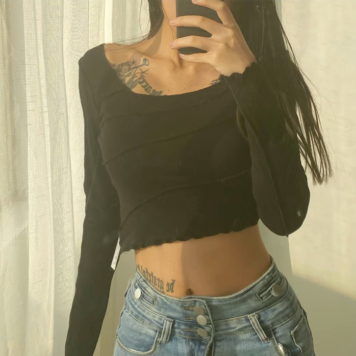 Hot selling slanted neckline striped reverse line short long-sleeved T-shirt (black) (S/M size) (contact customer service after placing the order to confirm the delivery size)