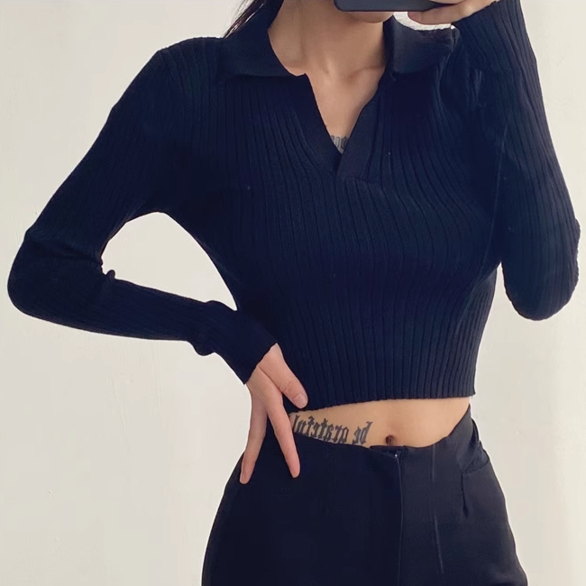 Hot selling long-sleeved POLO collar knitted top (black) (S/M size) (contact customer service after placing the order to confirm the delivery size)