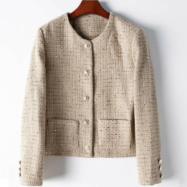 Hot selling short round neck wool blend jacket (M/L size) (khaki) (contact customer service after placing the order to confirm the delivery size)