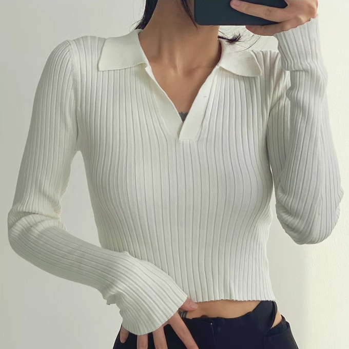 Hot selling long-sleeved POLO collar knitted top (white) (S/M size) (contact customer service after placing the order to confirm the delivery size)