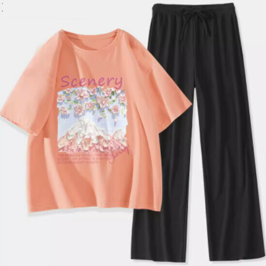 Hot selling two-piece short-sleeved ice silk pants [orange pink (Fuji Sakura) + black pants] [S-XL size] (please contact customer service to confirm the delivery size after placing the order)