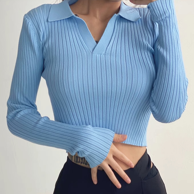 Hot selling long-sleeved POLO collar knitted top (blue) (S/M size) (contact customer service after placing the order to confirm the delivery size)