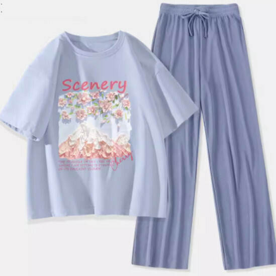 Hot selling two-piece short-sleeved ice silk pants [Light Blue (Fuji Sakura) + Blue Pants] [S-XL] (please contact customer service to confirm the delivery size after placing the order)