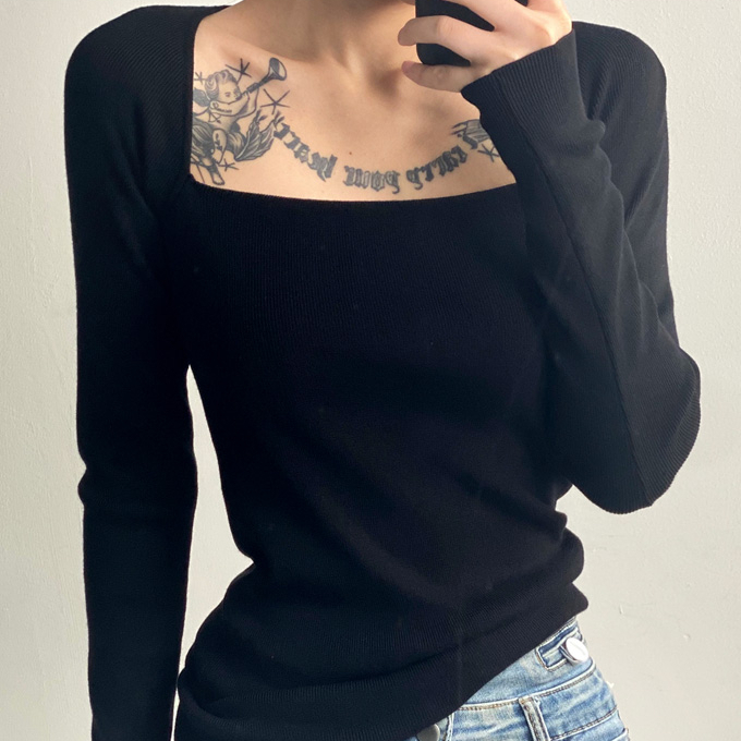 Hot seller collar knitted long-sleeved T-shirt (black) (S/M size) (contact customer service after placing the order to confirm the delivery size)