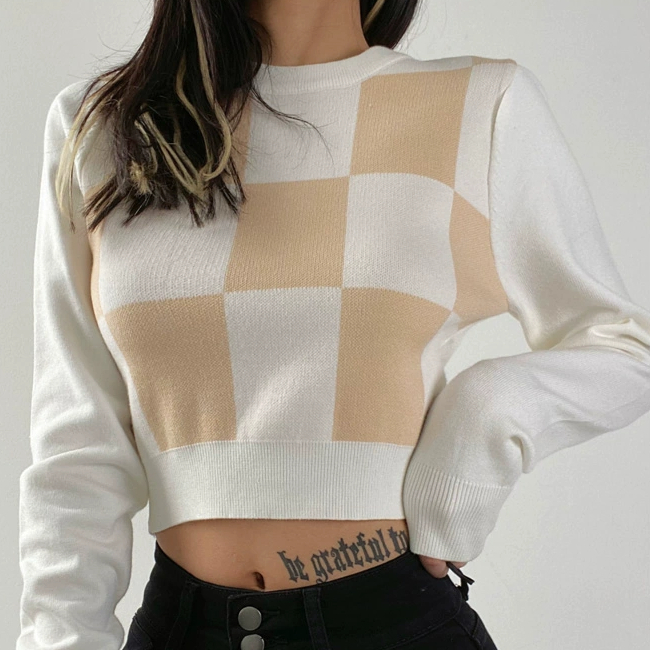 Hot selling price round neck navel-baring knitted sweater (khaki) (S/M size) (contact customer service after placing the order to confirm the delivery size)