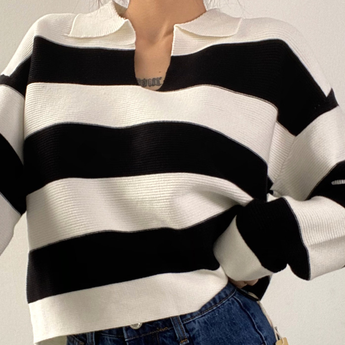 Hot selling loose striped long-sleeved knitted sweater (black and white) (S-L size) (contact customer service after placing the order to confirm the delivery size)