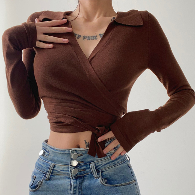 Hot selling cross V-neck strappy sweater (brown) (S/M size) (contact customer service after placing the order to confirm the delivery size)