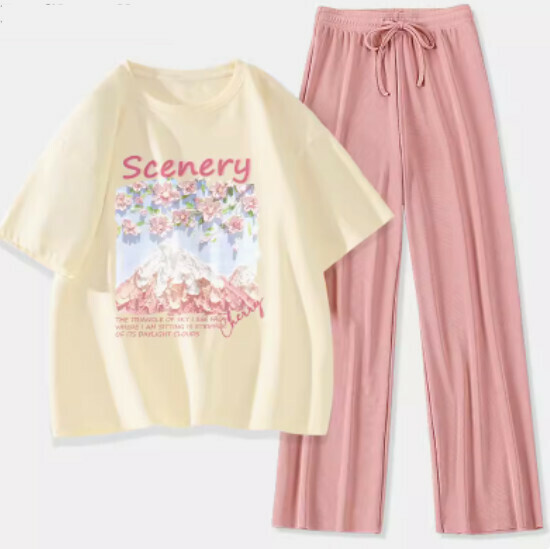 Hot selling two-piece short-sleeved ice silk pants [Milk White (Fuji Sakura) + Pink Pants] [S-XL] (please contact customer service to confirm the delivery size after placing the order)