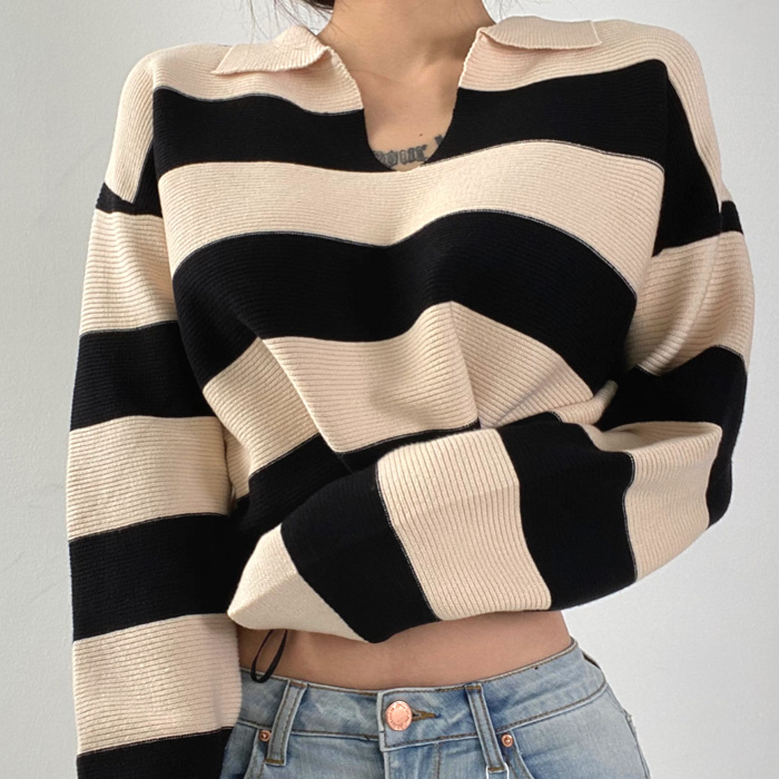 Hot selling loose striped long-sleeved knitted sweater (khaki black) (size S-L) (contact customer service after placing the order to confirm the delivery size)
