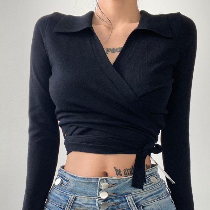 Hot selling cross V-neck strappy sweater (black) (S/M size) (contact customer service after placing the order to confirm the delivery size)