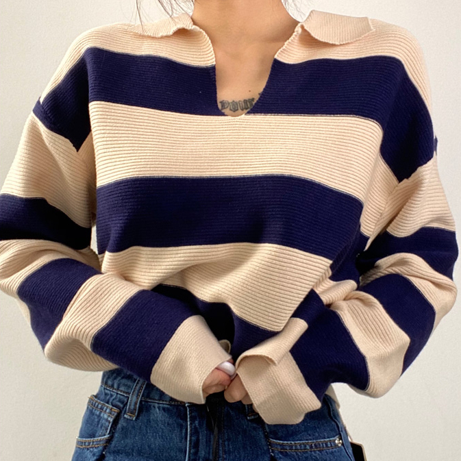 Hot selling loose striped long-sleeved knitted sweater (khaki navy) (S-L size) (contact customer service after placing the order to confirm the delivery size)