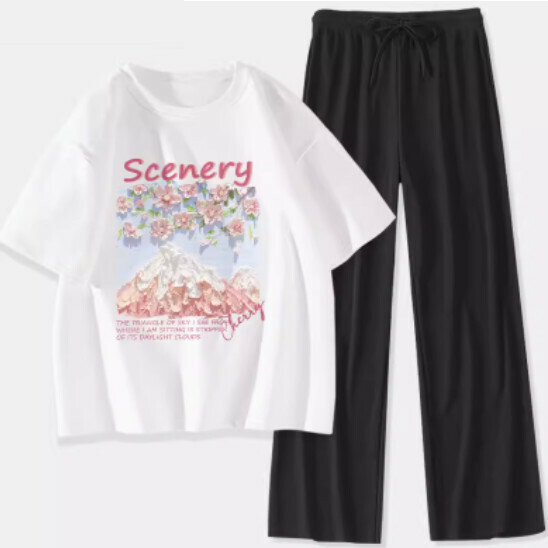 Hot selling two-piece short-sleeved ice silk pants [white (Fuji Sakura) + black pants] [S-XL size] (please contact customer service to confirm the delivery size after placing the order)