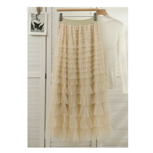 Millefeuille Ruffle Mesh Skirt Cake Skirt (Apricot Color) (One Size)