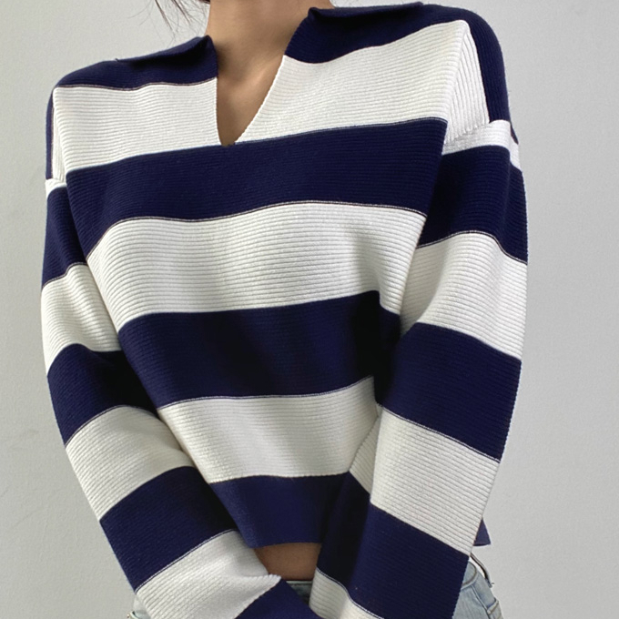 Hot selling loose striped long-sleeved knitted sweater (navy white) (S-L size) (contact customer service after placing the order to confirm the delivery size)