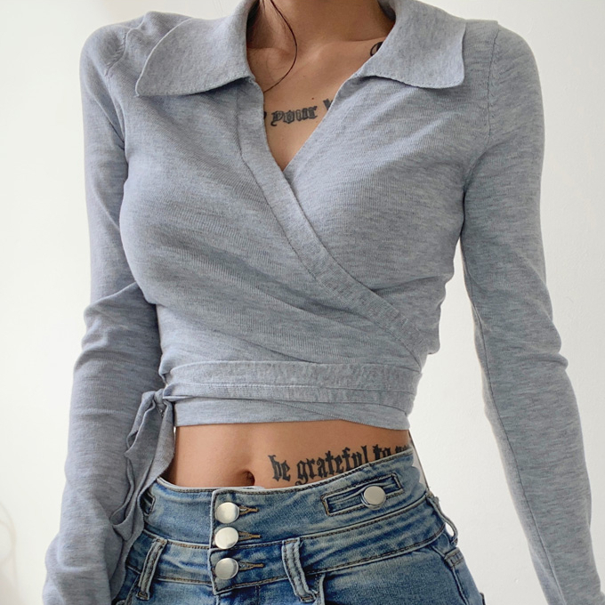 Hot selling cross V-neck strappy sweater (grey) (S/M size) (contact customer service after placing the order to confirm the delivery size)