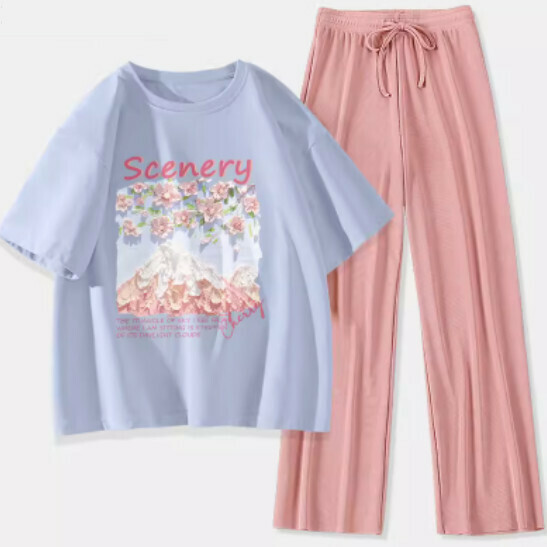 Hot selling two-piece short-sleeved ice silk pants [Light Blue (Fuji Sakura) + Pink Pants] [S-XL] (please contact customer service to confirm the delivery size after placing the order)