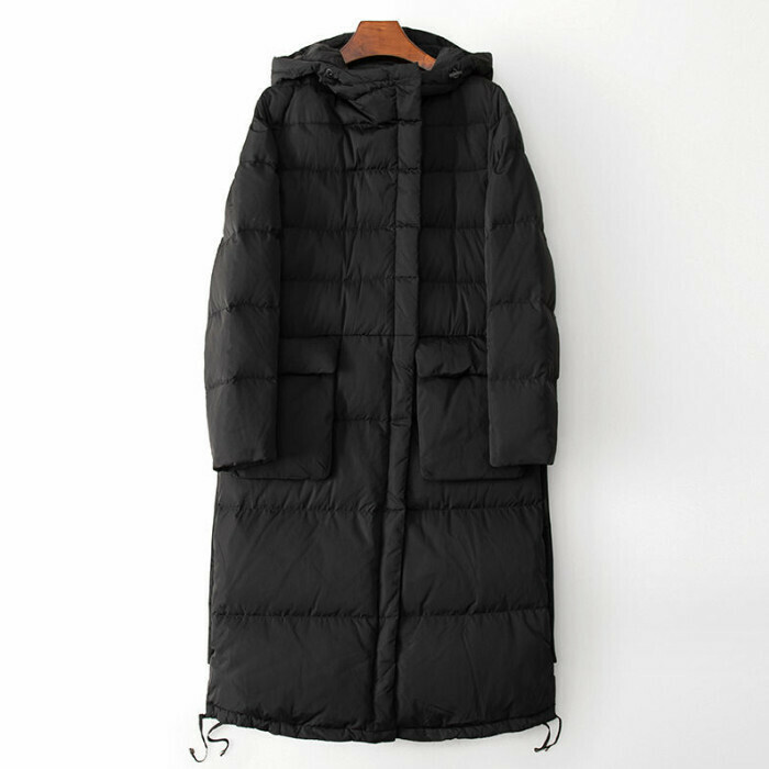 熱賣寬鬆長款連帽90白鵝羽絨服(S-L碼)(黑色)(下單後聯絡客服確認發貨尺碼)