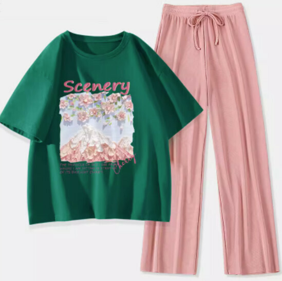 Hot selling two-piece set of short-sleeved ice silk pants [dark green (Fuji Sakura) + pink pants] [S-XL size] (please contact customer service to confirm the delivery size after placing the order)