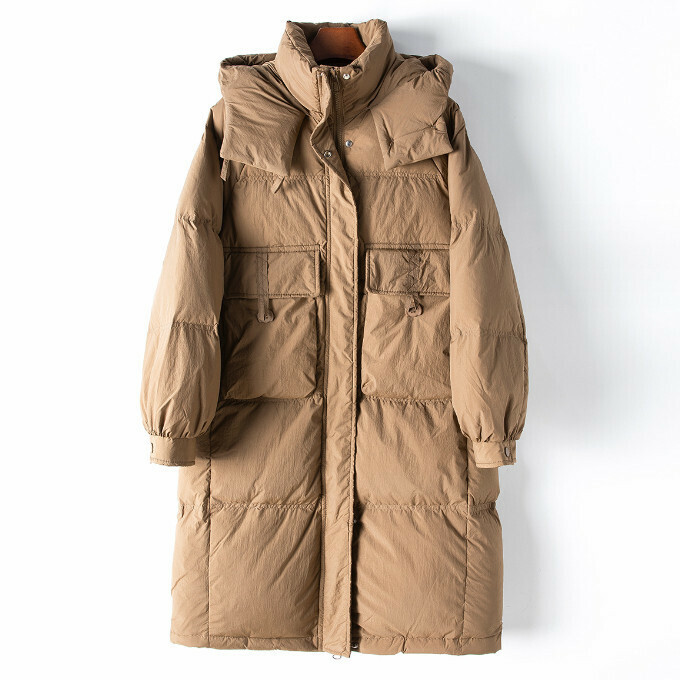 熱賣長款連帽羽絨服(M碼)(卡其色)