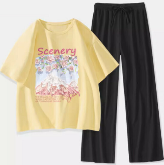Hot selling two-piece short-sleeved ice silk pants [goose yellow (Fuji cherry blossom) + black pants] [S-XL size] (please contact customer service to confirm the delivery size after placing the order)