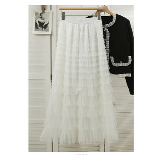Millefeuille Ruffle Mesh Skirt Cake Skirt (White) (One Size)