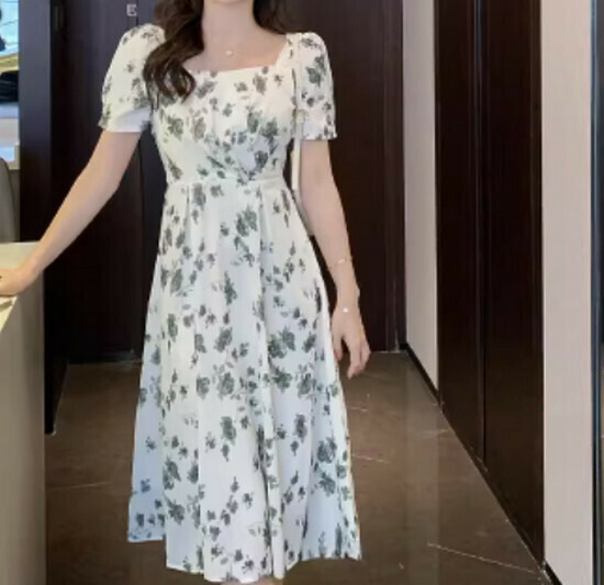 Hot selling chiffon floral dress [dark green large flower] [S-2XL size] (please contact customer service to confirm the delivery size after placing the order)