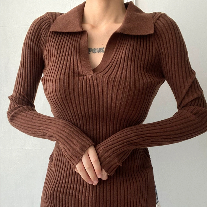 Hot selling Polo collar knitted sweater (khaki) (S-L size) (contact customer service after placing order to confirm delivery size)