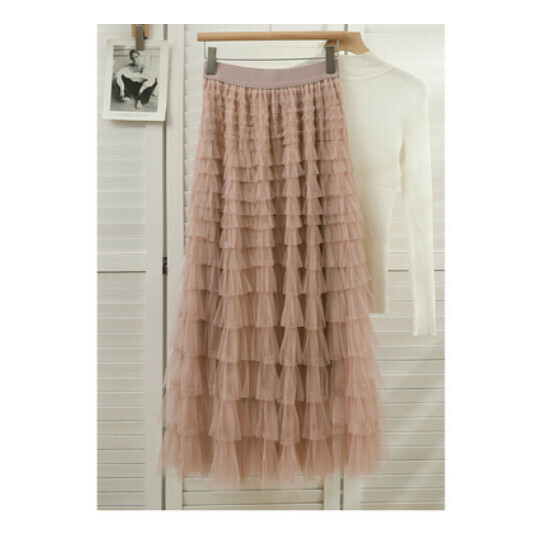 Millefeuille Ruffle Mesh Skirt Cake Skirt (Pink) (One Size)