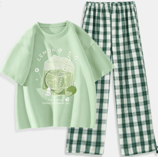 Hot selling two-piece set of short-sleeved plaid pants [fruit green (icy lime) + dark green pants] [S-XXL] (please contact customer service to confirm the delivery size after placing the order)
