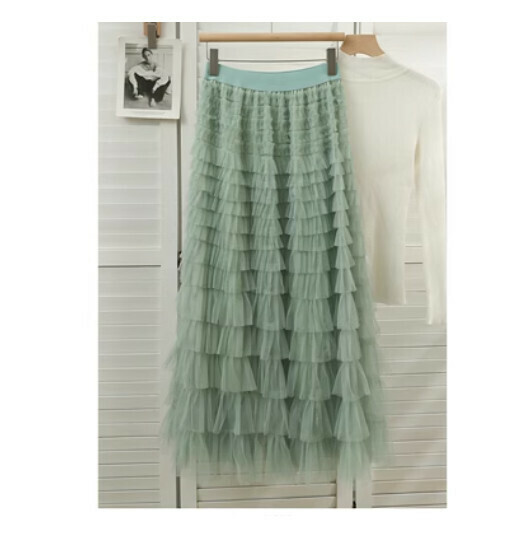 Millefeuille Ruffle Mesh Skirt Cake Skirt (Light Green) (One Size)