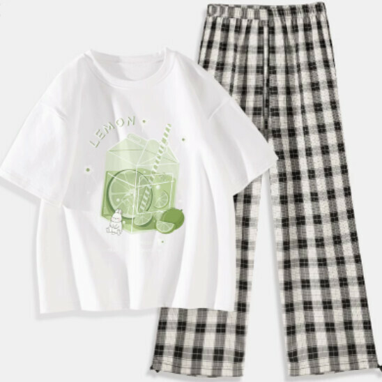 Hot selling two-piece short-sleeved plaid pants set [white (icy lime) + black and white pants] [S-XXL size] (please contact customer service to confirm the delivery size after placing the order)