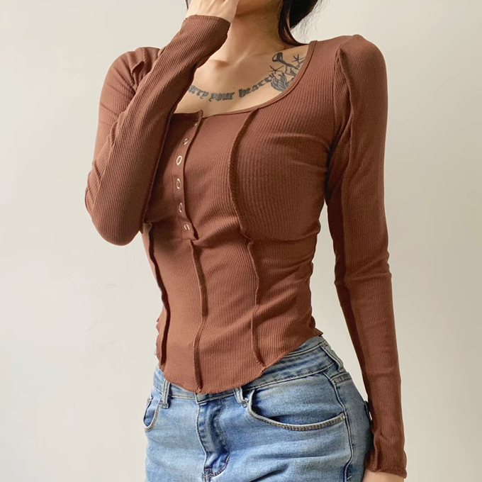 Hot selling reverse stitched five-claw button long-sleeved T-shirt (brown) (S-L size) (contact customer service after placing the order to confirm the delivery size)