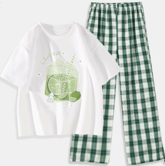 Hot selling two-piece short-sleeved plaid pants set [white (icy lime) + dark green pants] [S-XXL size] (please contact customer service to confirm the delivery size after placing the order)