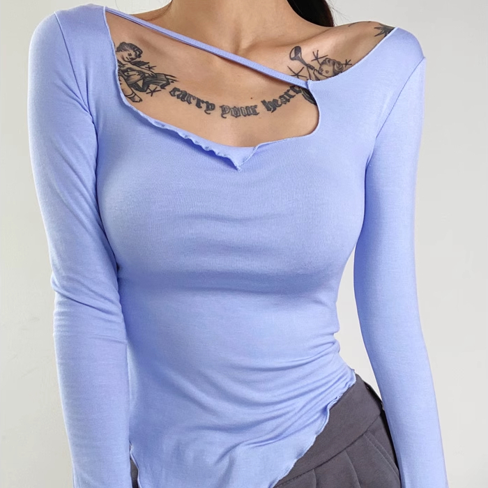 Hot selling fungus-trimmed slanted shoulder long-sleeved T-shirt (blue) (S/M size) (contact customer service after placing the order to confirm the delivery size)