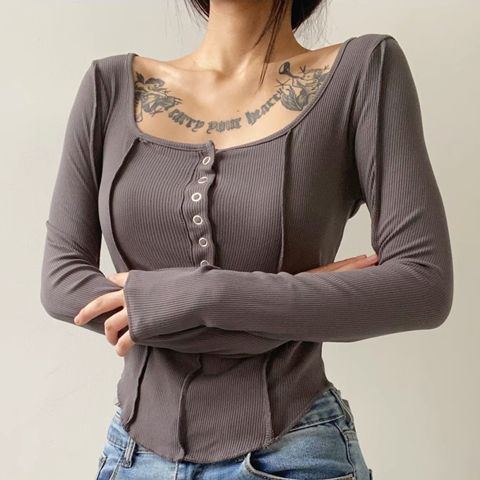 Hot selling reverse stitched five-claw button long-sleeved T-shirt (charcoal gray) (S-L size) (contact customer service after placing the order to confirm the delivery size)