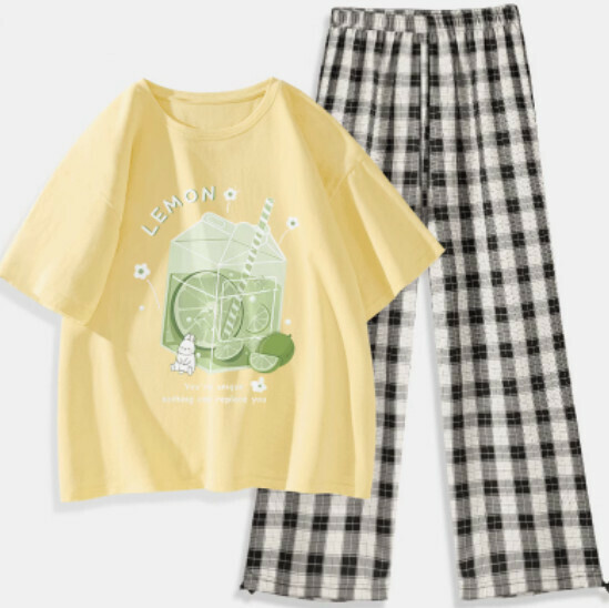 Hot selling two-piece short-sleeved plaid pants set [Goose Yellow (Icy Lime) + Black and White Pants] [S-XL Size] (please contact customer service to confirm the delivery size after placing the order)