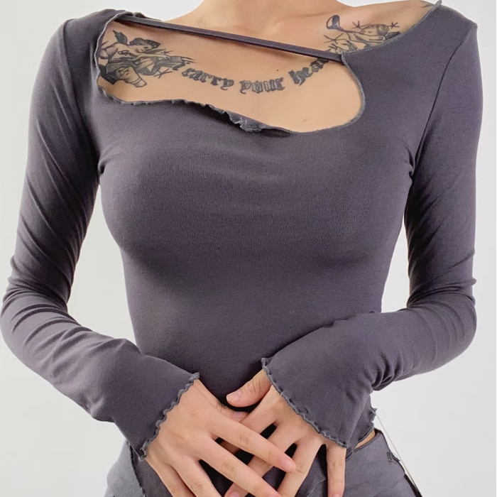 Hot selling fungus edge slanted shoulder long-sleeved T-shirt (charcoal gray) (S/M size) (contact customer service after placing the order to confirm the delivery size)