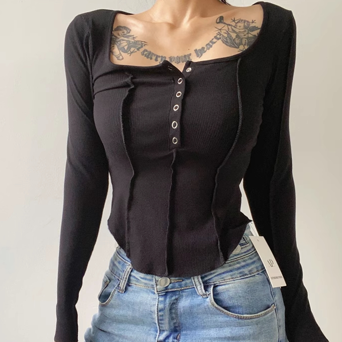 Hot selling reverse stitched five-claw button long-sleeved T-shirt (black) (S-L size) (contact customer service after placing the order to confirm the delivery size)